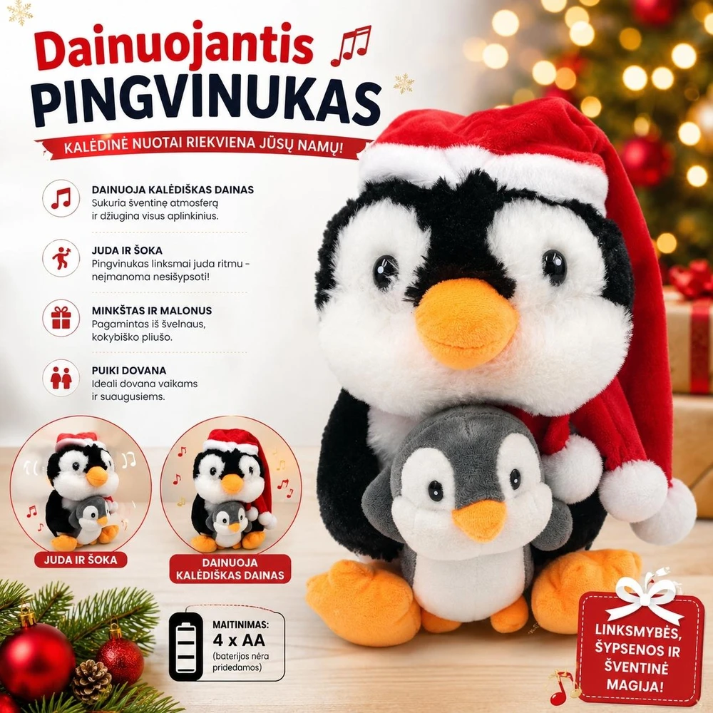 Kalėdinis pliušinis dainuojantis pingvinas su mažyliu