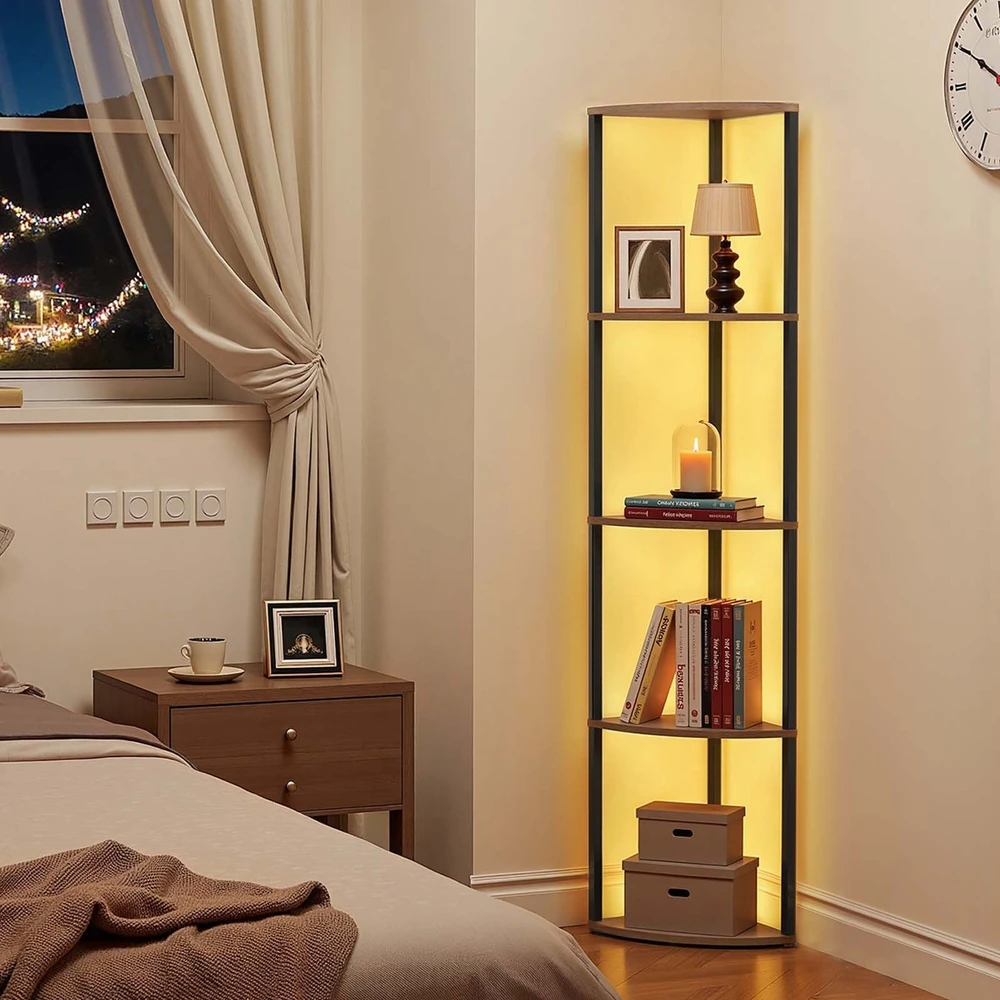 VEVOR Penkių aukštų kampinė lentyna su LED apšvietimu