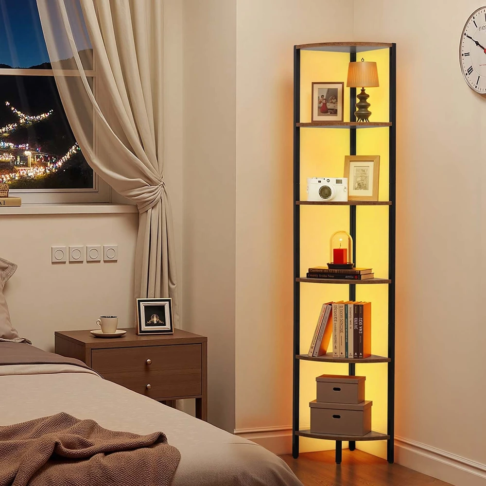 VEVOR 6 pakopų kampinė lentyna su LED apšvietimu