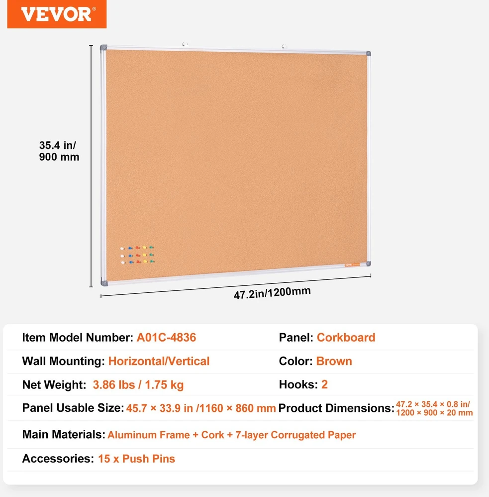 VEVOR 122x91 cm kamštinė lenta su smeigtukais