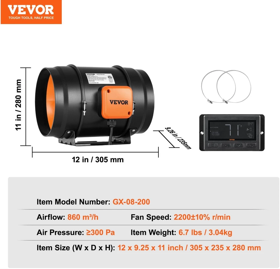 VEVOR 20 cm ortakio ventiliatorius su keičiamu greičiu