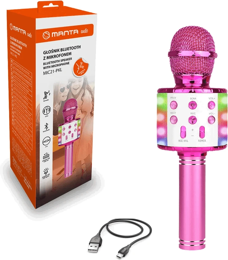 Karaoke mikrofonas su garsiakalbiu Manta MIC21-PKL, rožinis
