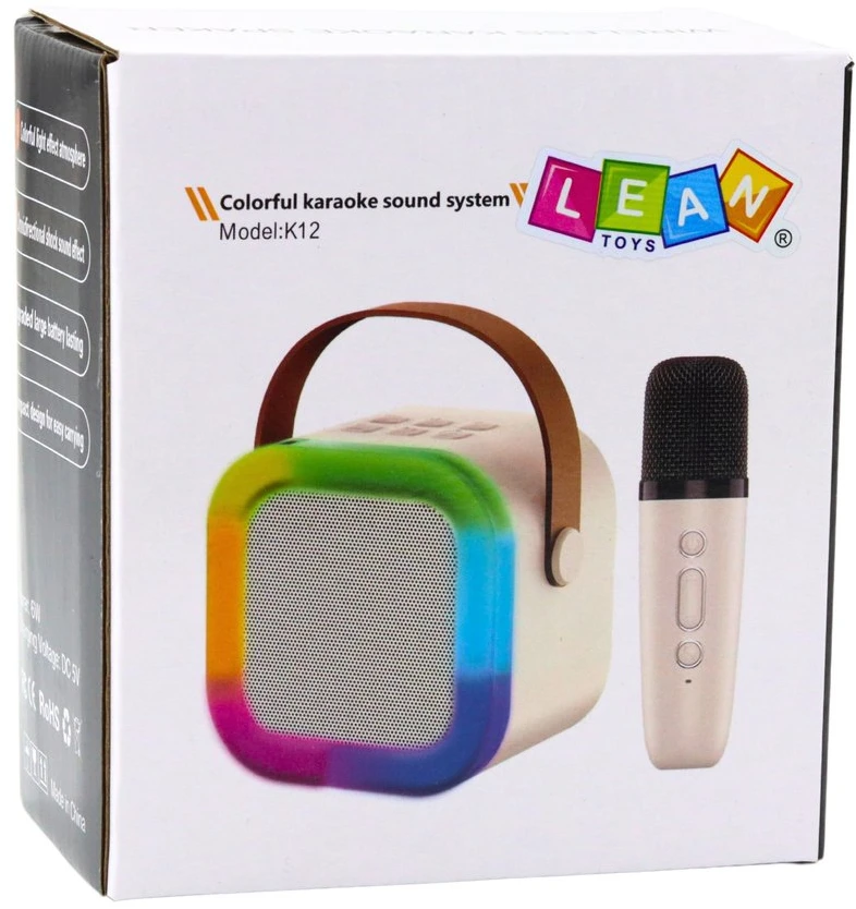 Lean Toys Belaidė karaoke kolonėlė su mikrofonu K12 RGB Bluetooth smėlinė