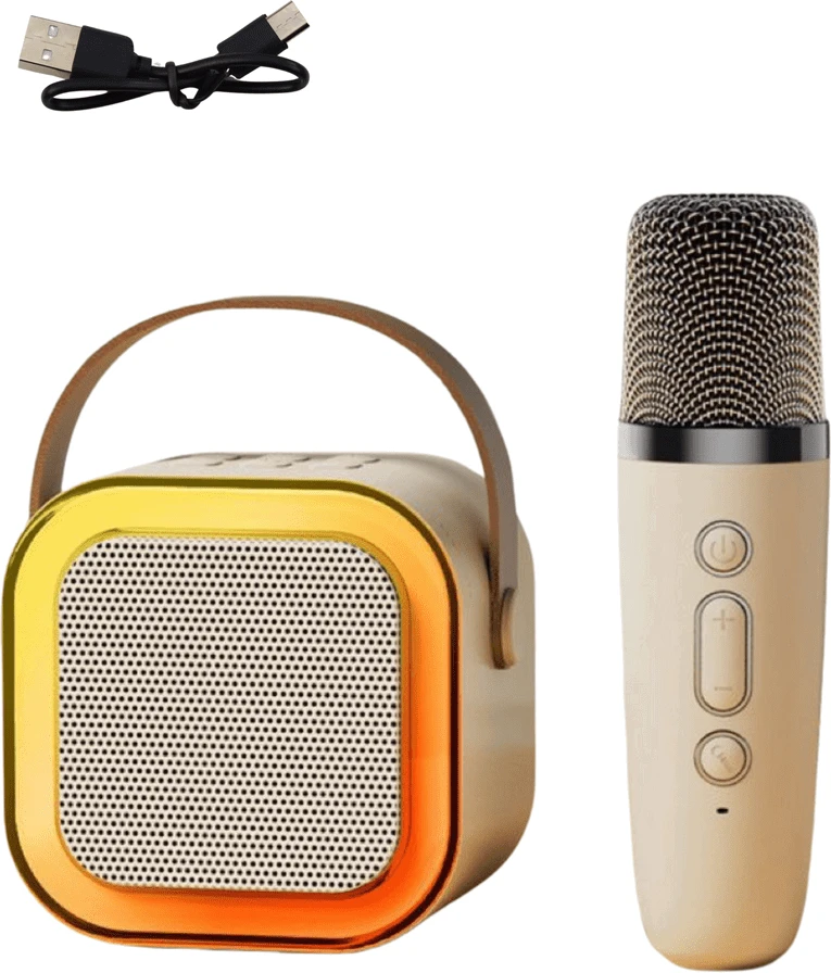 Lean Toys Belaidė karaoke kolonėlė su mikrofonu K12 RGB Bluetooth smėlinė
