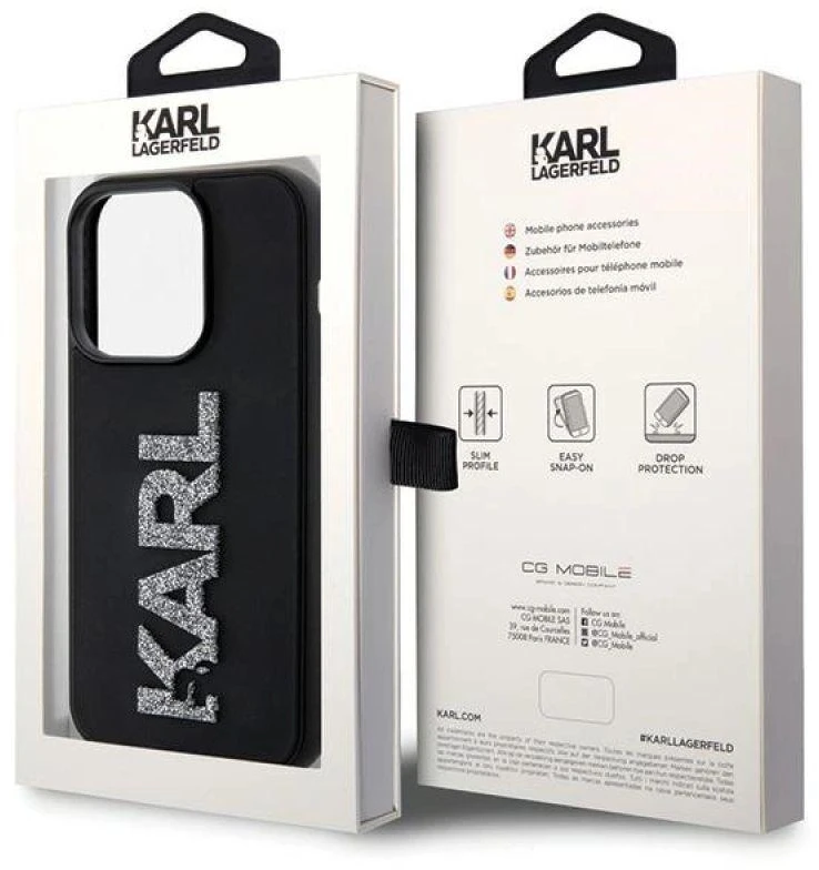 Karl Lagerfeld KLHCP15L3DMBKCK Apple iPhone 15 Pro 6.1″ juodos spalvos kietas dėklas 3D Rubber Glitter Logo