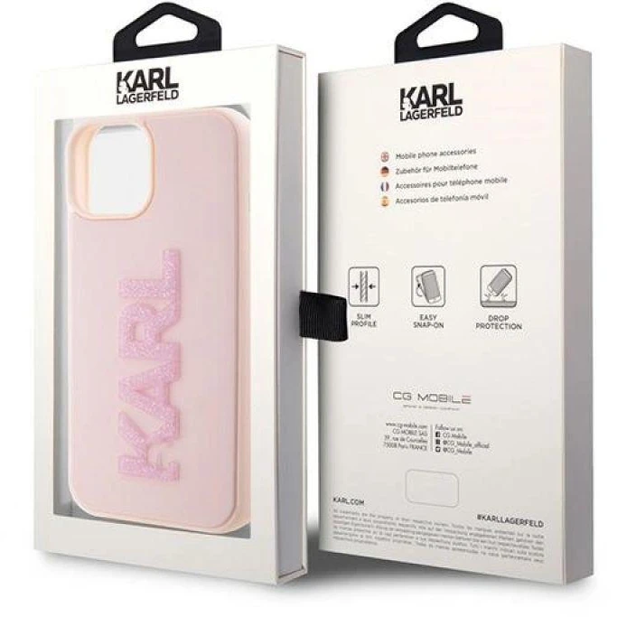 Karl Lagerfeld dėklas, skirtas iPhone 15 Plus 6,7 KLHCP15M3DMBKCP rožinės spalvos HC 3D Logo Glitter