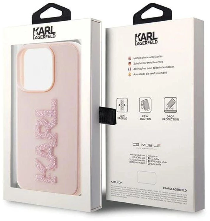 Apple iPhone 15 Pro Karl Lagerfeld dėklas 3D Rubber Glitter Logo (KLHCP15L3DMBKCP) rožinės spalvos