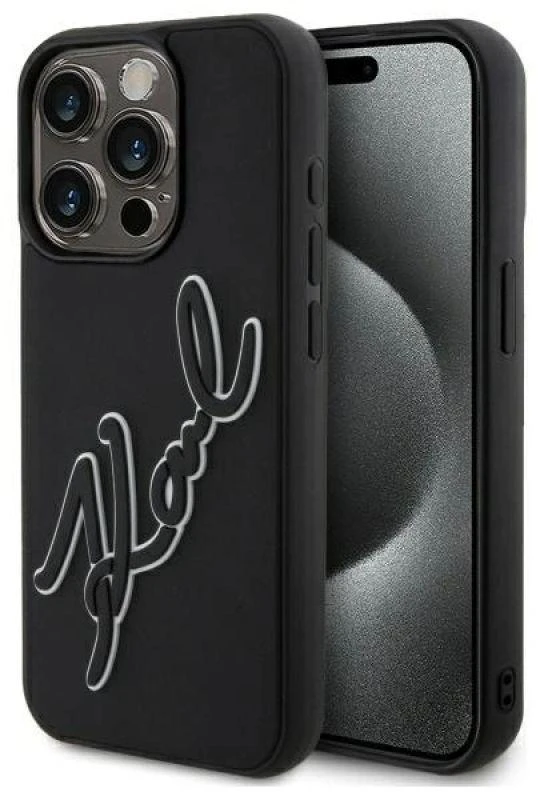 Karl Lagerfeld KLHCP15X3DRKSDLK Apple iPhone 15 Pro Max 6.7″ juodos spalvos kietas dėklas 3D Rubber Signature