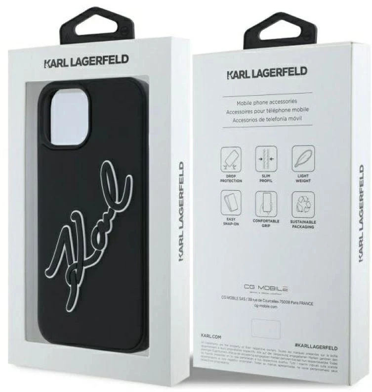 Karl Lagerfeld KLHCP15S3DRKSDLK Apple iPhone 15 6.1″ juodos spalvos kietas dėklas 3D Rubber Signature