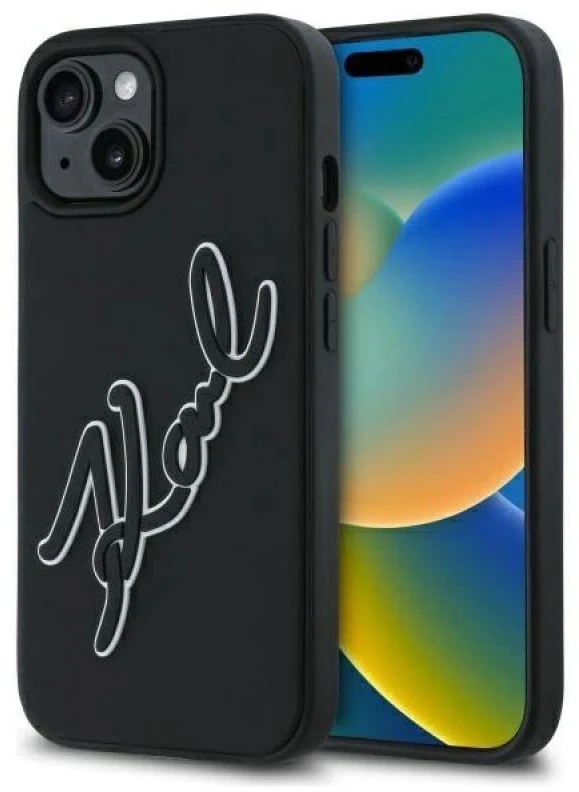 Karl Lagerfeld KLHCP15S3DRKSDLK Apple iPhone 15 6.1″ juodos spalvos kietas dėklas 3D Rubber Signature