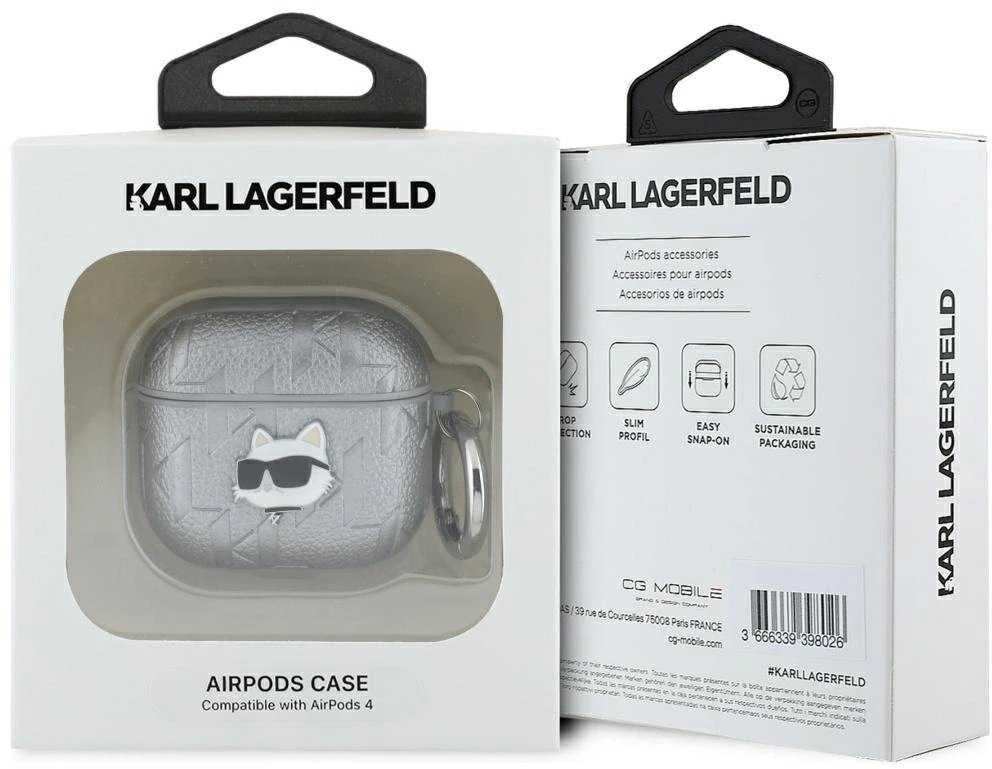 Dėklas Karl Lagerfeld Monogram Choupette Head AirPods 4 sidabro spalvos