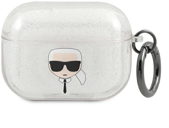 Karl Lagerfeld Karlo Lagerfeldo dėklas, skirtas "AirPods Pro" KLAPUKHGS sidabrinis blizgutis Karlo galva