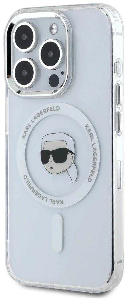 Dėklas Karl Lagerfeld IML Metal Karl Head MagSafe Apple iPhone 15 Pro Max baltos spalvos