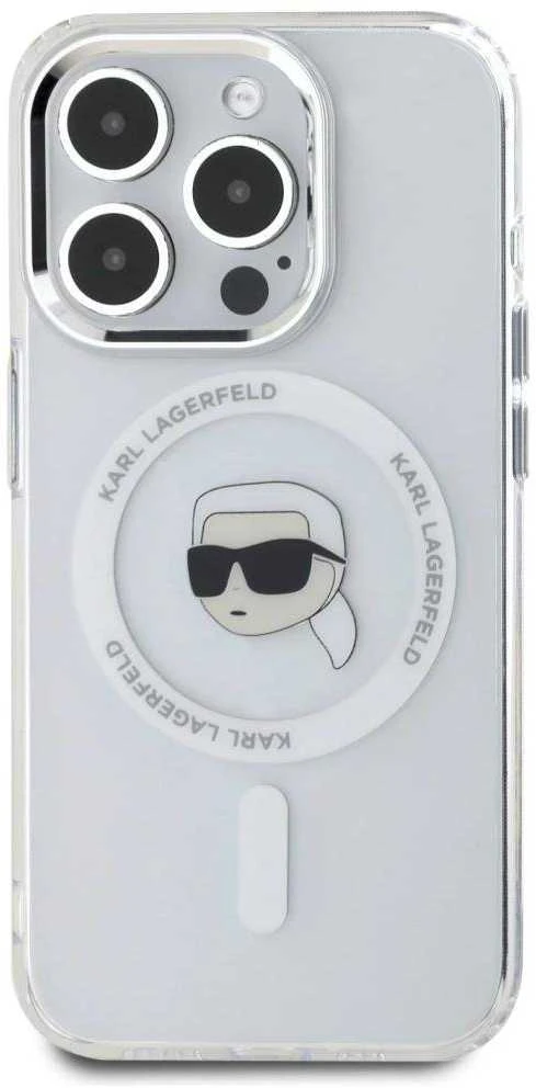 Dėklas Karl Lagerfeld IML Metal Karl Head MagSafe Apple iPhone 15 Pro Max baltos spalvos