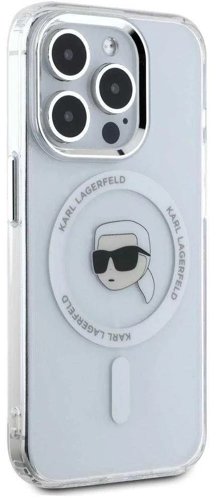 Dėklas Karl Lagerfeld IML Metal Karl Head MagSafe Apple iPhone 15 Pro Max baltos spalvos