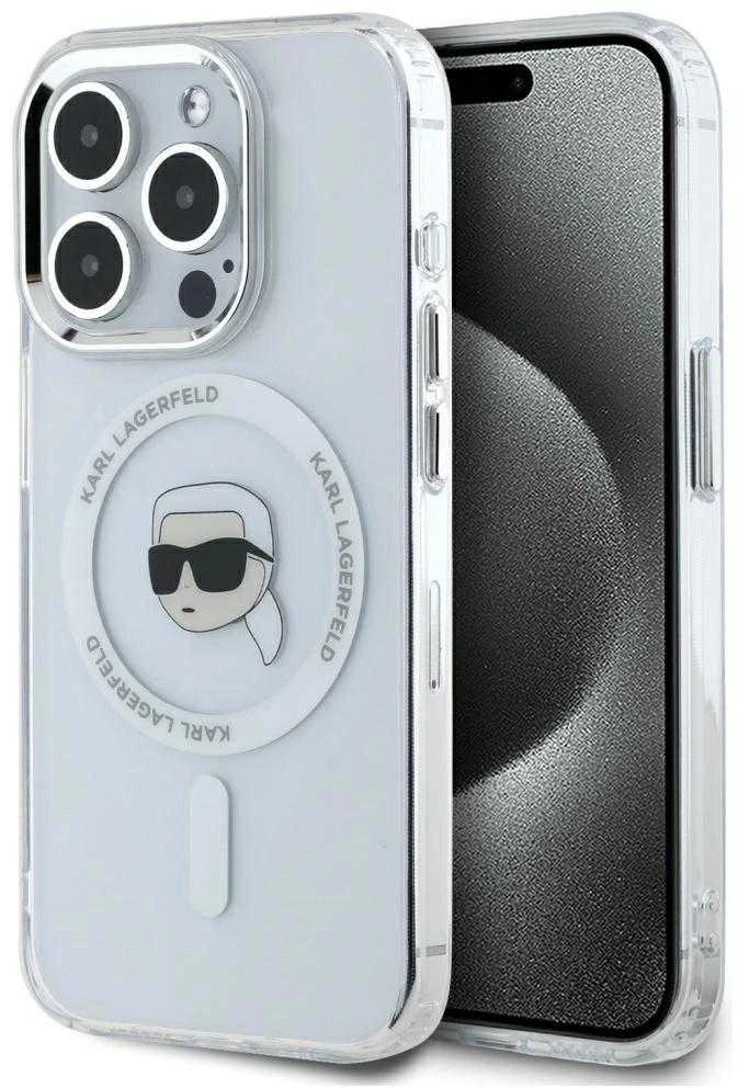 Dėklas Karl Lagerfeld IML Metal Karl Head MagSafe Apple iPhone 15 Pro Max baltos spalvos