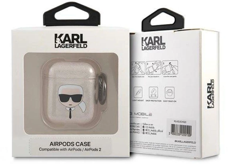 Karl Lagerfeld KLA2UKHGD AirPods dėklas aukso spalvos Glitter Karl`s Head
