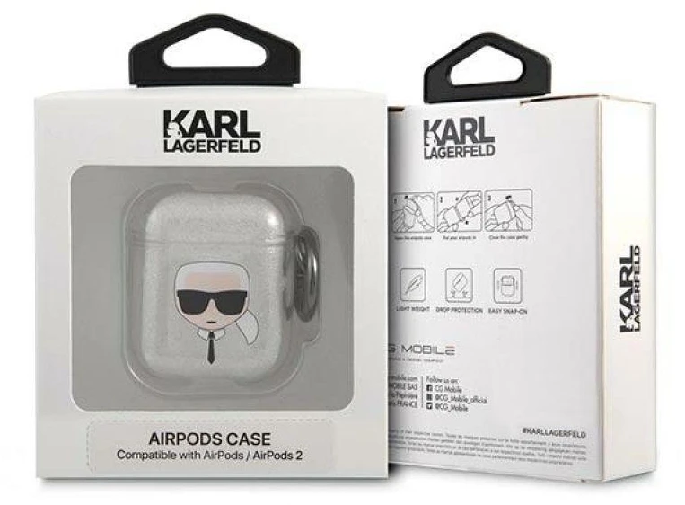 Karl Lagerfeld KLA2UKHGS AirPods dėklas sidabro spalvos Glitter Karl`s Head