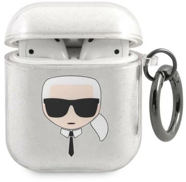 Karl Lagerfeld KLA2UKHGS AirPods dėklas sidabro spalvos Glitter Karl`s Head