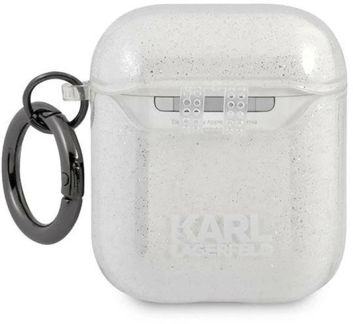 Karl Lagerfeld KLA2UKHGS AirPods dėklas sidabro spalvos Glitter Karl`s Head