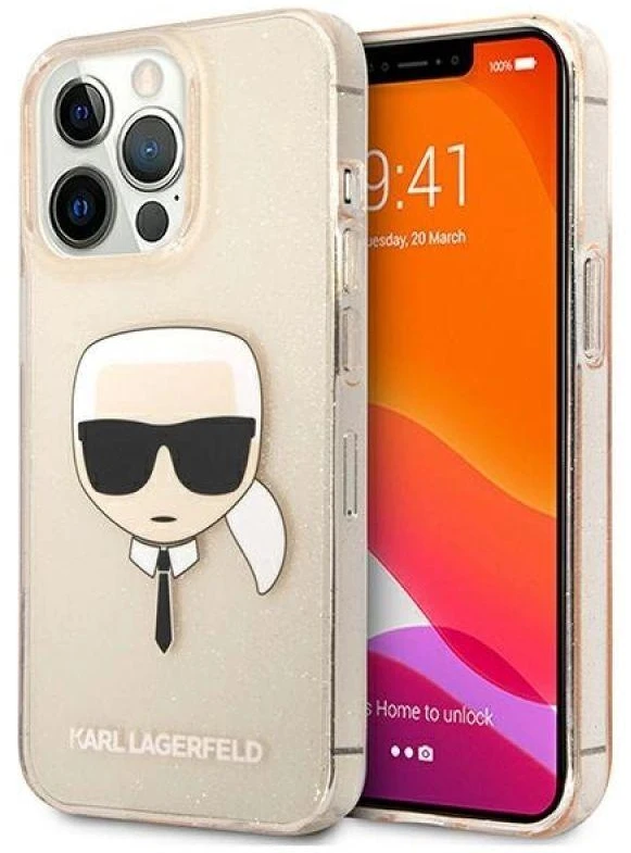 Karl Lagerfeld KLHCP13LKHTUGLGO Apple iPhone 13 Pro / 13 6,1″ auksinis kietas dėklas Glitter Karl`s Head