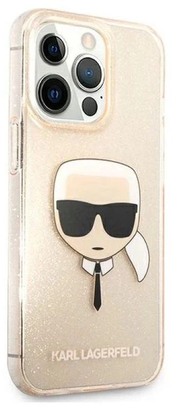 Karl Lagerfeld KLHCP13LKHTUGLGO Apple iPhone 13 Pro / 13 6,1″ auksinis kietas dėklas Glitter Karl`s Head