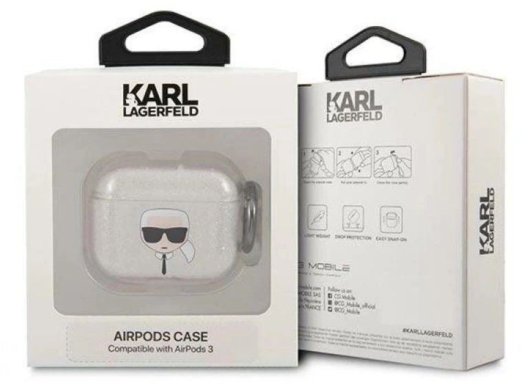 Karl Lagerfeld KLA3UKHGS AirPods 3 dėklas sidabro spalvos Glitter Karl`s Head
