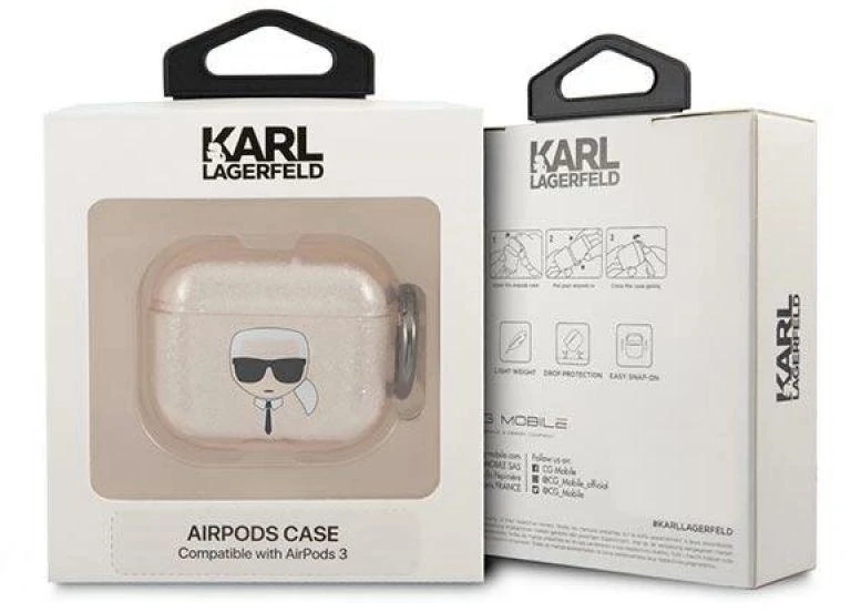 Karl Lagerfeld Blizgučių dėklas su Karlo galvos motyvu AirPods 3 - Auksinis