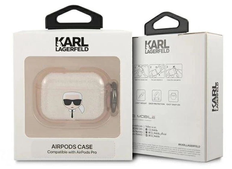 Karl Lagerfeld Blizgučių dėklas su Karl'o galvos motyvu AirPods Pro - Auksinis