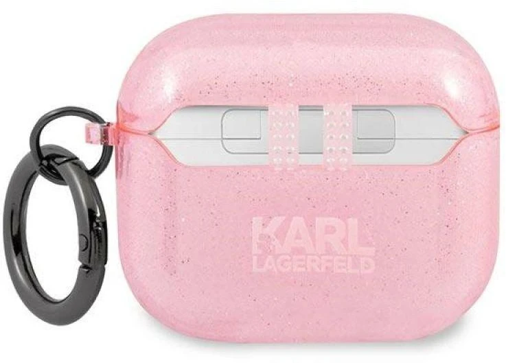 Karl Lagerfeld Blizgučių Dėklas su Karolio Galvos Atvaizdu AirPods 3 - Rožinis