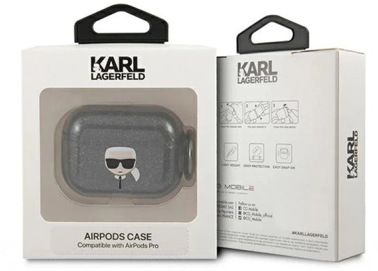 Karl Lagerfeld KLAPUKHGK AirPods Prodėklas juodos spalvos Glitter Karl`s Head