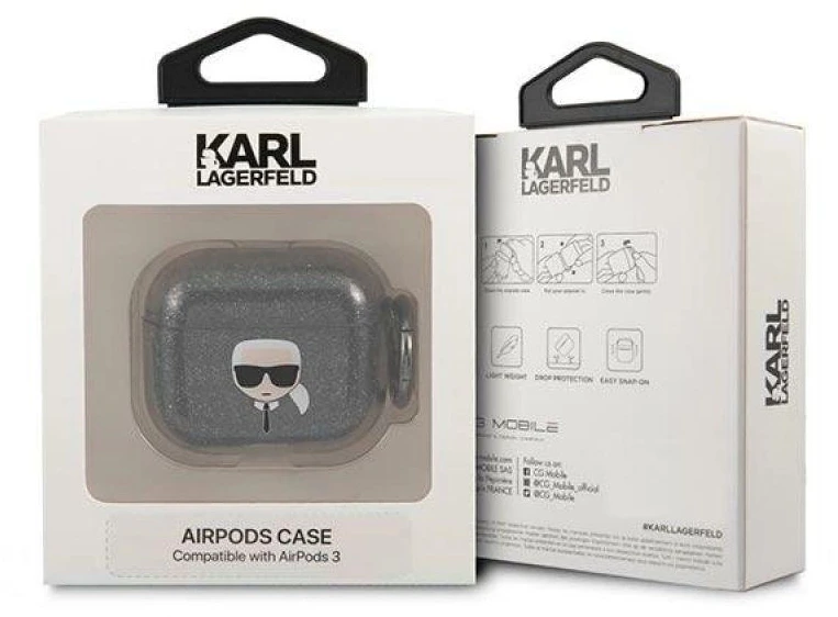 Karl Lagerfeld KLA3UKHGK AirPods 3 dėklas juodos spalvos Glitter Karl`s Head