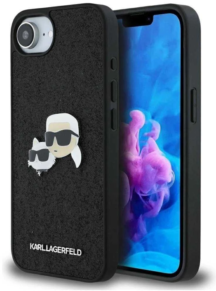 Karl Lagerfeld iPhone 16e dėklas su fiksuotais blizgučiais ir metaliniais smeigtukais – Juodas