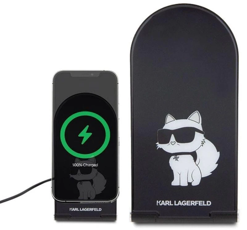 Karl Lagerfeld foldable Belaidis įkroviklis 2-in-1 KLDCRFALCHNK 15W juodos spalvos Choupette MagSafe