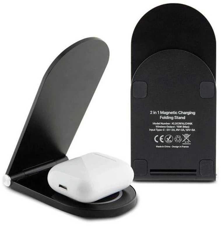 Karl Lagerfeld foldable Belaidis įkroviklis 2-in-1 KLDCRFALCHNK 15W juodos spalvos Choupette MagSafe