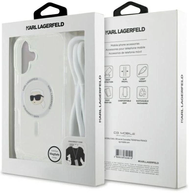 Karl Lagerfeld KLHMP16SHCKHNT Apple iPhone 16 6.1″ kietas dėklas skaidrus Crossbody IML Karl Head Magsafe
