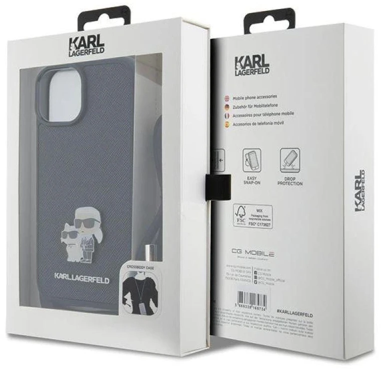 Karl Lagerfeld KLHCP15MSAKCPSK iPhone 15 Plus / 14 Plus 6.7″ kietas dėklas juodos spalvos Crossbody Saffiano