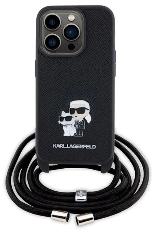 Karl Lagerfeld dėklas, skirtas iPhone 15 Pro 6,1 KLHCP15LSAKCPSK juodas HC Saffiano KC Metal Pin Crossbody