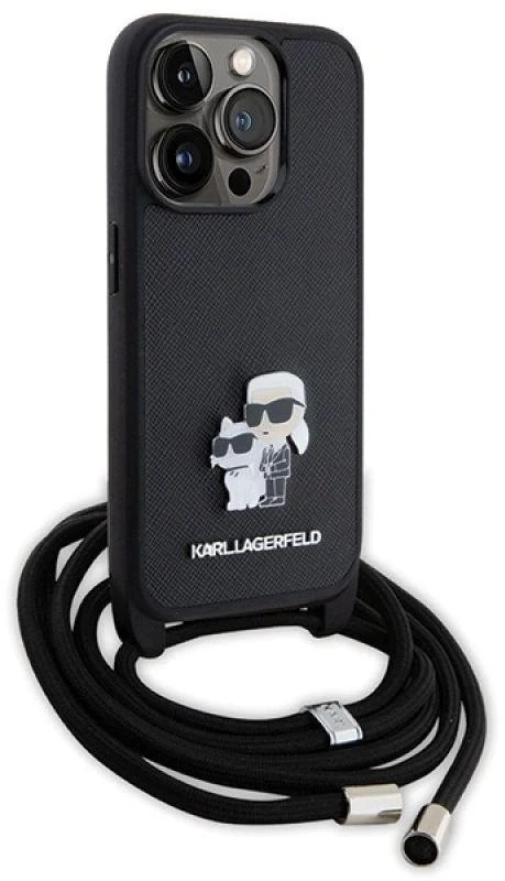 Karl Lagerfeld dėklas, skirtas iPhone 15 Pro 6,1 KLHCP15LSAKCPSK juodas HC Saffiano KC Metal Pin Crossbody