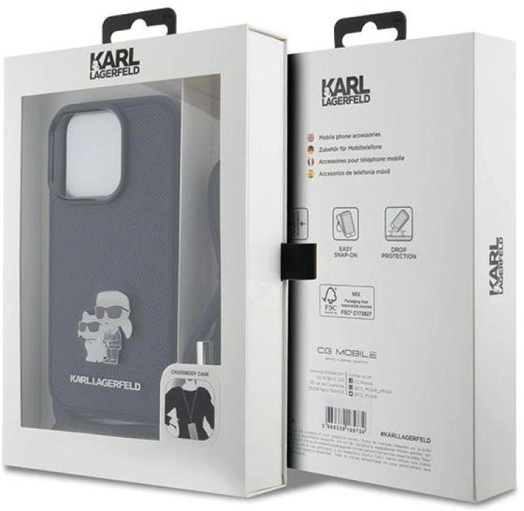 Karl Lagerfeld dėklas, skirtas iPhone 15 Pro 6,1 KLHCP15LSAKCPSK juodas HC Saffiano KC Metal Pin Crossbody