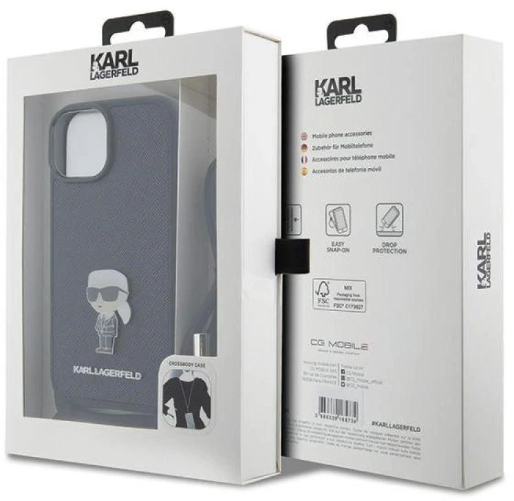 Karl Lagerfeld KLHCP15SSASKNPSK Apple iPhone 15 / 14 / 13 6.1″ kietas dėklas juodos spalvos Crossbody Saffiano Mon