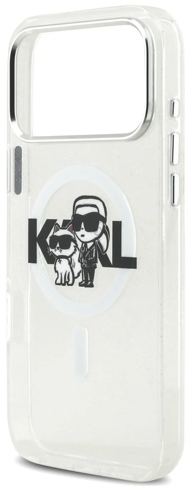 Karl Lagerfeld IML Glitter Karl & Choupette Sketch Logo MagSafe dėklas, skirtas iPhone 17 Pro Max, skaidrus