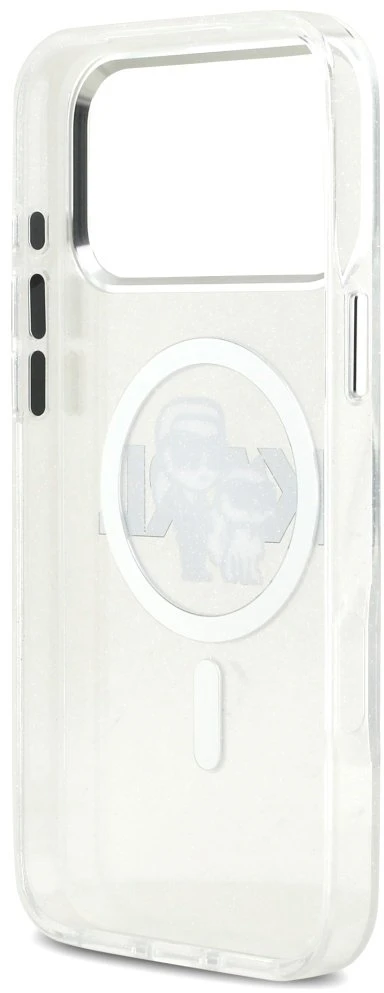 Karl Lagerfeld IML Glitter Karl & Choupette Sketch Logo MagSafe dėklas, skirtas iPhone 17 Pro Max, skaidrus
