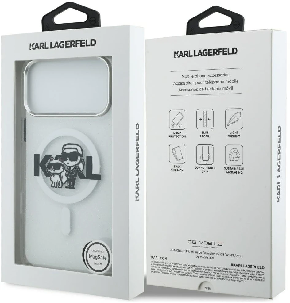 Karl Lagerfeld IML Glitter Karl & Choupette Sketch Logo MagSafe dėklas, skirtas iPhone 17 Pro Max, skaidrus