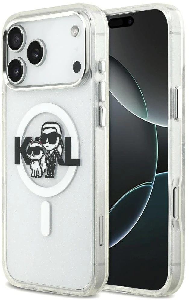 Karl Lagerfeld IML Glitter Karl & Choupette Sketch Logo MagSafe dėklas, skirtas iPhone 17 Pro Max, skaidrus