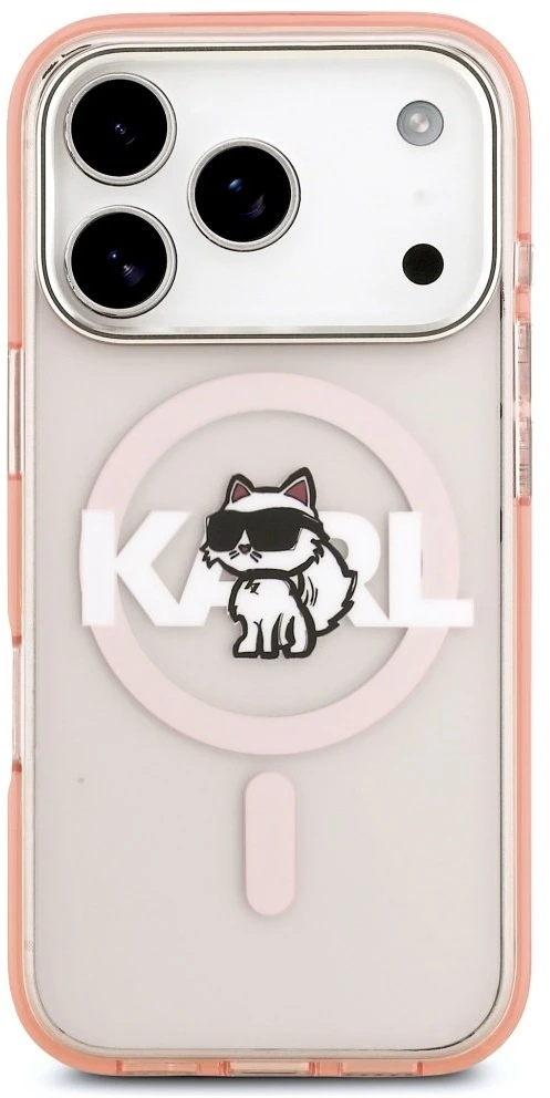 Karl Lagerfeld dėklas, skirtas IPHONE 17 Pro, suderinamas su „MagSafe KLHMP17LHGCHGKBP“ (IML Choupette eskizo logotipas), rožinis