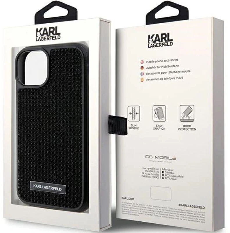 Apple iPhone 15 Karl Lagerfeld dėklas Rhinestone Logo Metal Plate (KLHCP15SHDSPLK) juodos spalvos