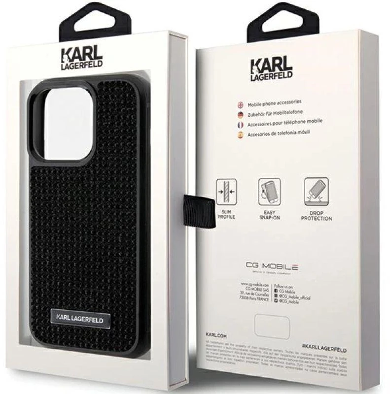 Karl Lagerfeld dėklas, skirtas iPhone 15 Pro 6,1 KLHCP15LHDSPLK juodos spalvos kietas dėklas , skirtas Rhinestone Logo Metal Plate