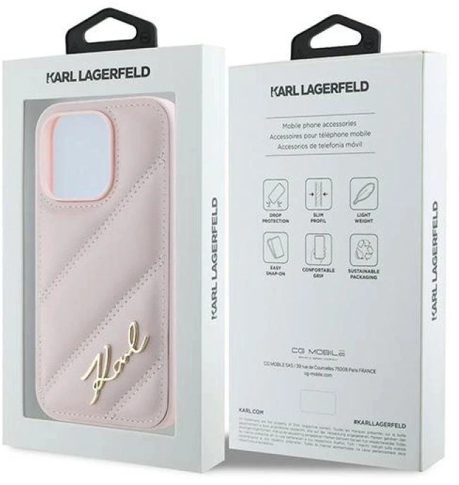 Karl Lagerfeld KLHCP14LPQDSMGP Apple iPhone 14 Pro 6.1″ rožinės spalvos kietas dėklas Diagonal Quilted Script