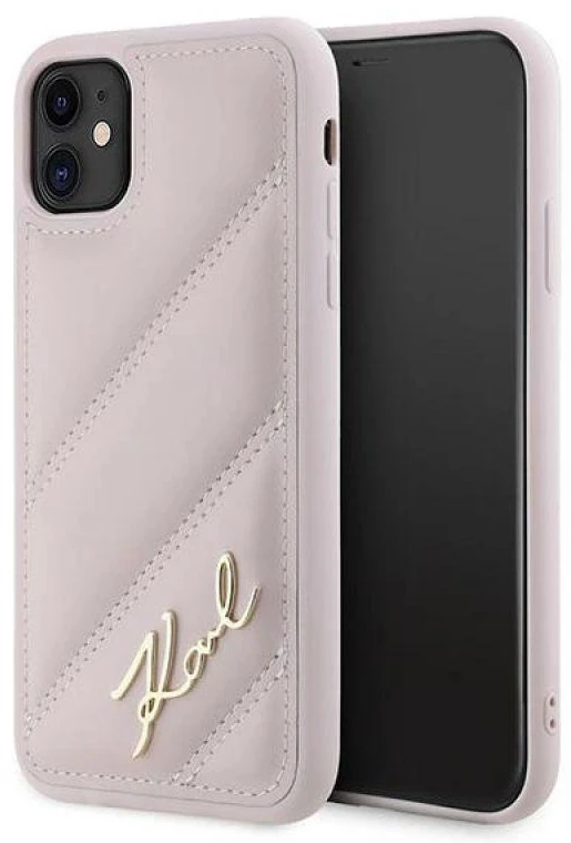 Karl Lagerfeld KLHCN61PQDSMGP Apple iPhone 11 / Xr 6.1″ rožinės spalvos kietas dėklas Diagonal Quilted Script